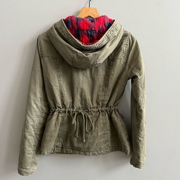 Hollister Olive Green Anorak Jacket Flannel-Lined Coat Small Red Plaid Lining - Picture 2 of 10